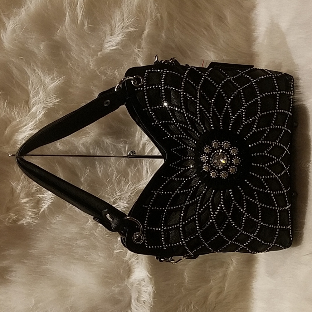 BLACK RHINESTONE DESIGN LAYERED HANDBAG